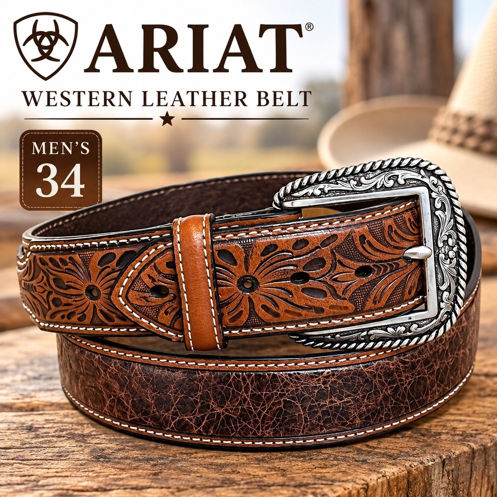 Ariat Western Leather Belt Mens 34 Brown Floral Tooled Silver Buckle Cowboy